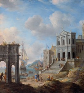 Capriccio met de Boog van Constantijn en de Kerk van San Gregorio Magno al Celio naast een Haven door Jan Abrahamsz. Beerstraten